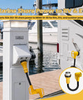 Rock Solid Marine Shore Power To RV EV Adapter connects 50 Amp dock outlet to NEMA 14-50R for camper trailer charging.