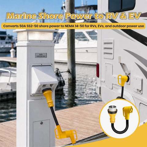 Rock Solid Marine Shore Power To RV EV Adapter connects 50 Amp dock outlet to NEMA 14-50R for camper trailer charging.