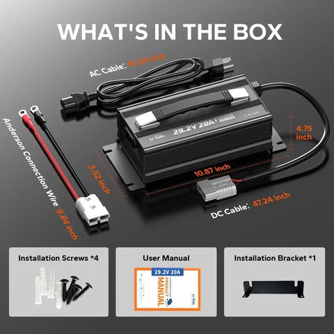 29.2V 20A LiFePO4 Battery Charger With 0V Activation, AC DC Lithium Charger With Anderson Connector And LED Indicator For RVs shown