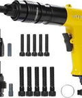 Yellow Pneumatic Rivet Nut Gun With Three Eighths Inch And One Half Inch Self Locking Heads, Quick Change Mandrels
