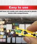 Top Tier Heavy Duty Automotive Fuses Assortment Kit 250 Pieces with neatly organized fuses in a fuse box for easy access.