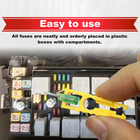 Top Tier Heavy Duty Automotive Fuses Assortment Kit 250 Pieces with neatly organized fuses in a fuse box for easy access.