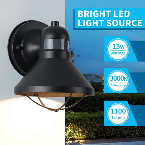 2 Pack Motion Sensor Outdoor LED Wall Light With Dusk To Dawn Auto Sensor Waterproof Exterior Sconce Lighting Fixture in black.