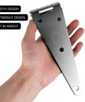 Heavy Duty Strap Hinge Pair For Wooden Doors And Rustic Barns Or Outdoor Sheds Slick Black Farm Gate Hardware Built Tough Rugged Steel Replacement Kit With No Sweat Install in hand showing smooth design.