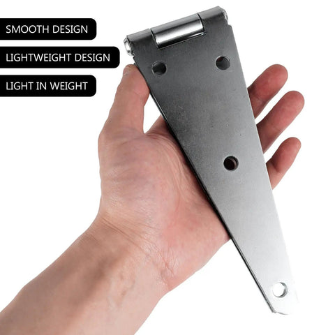 Heavy Duty Strap Hinge Pair For Wooden Doors And Rustic Barns Or Outdoor Sheds Slick Black Farm Gate Hardware Built Tough Rugged Steel Replacement Kit With No Sweat Install in hand showing smooth design.