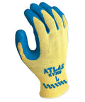 Atlas KV300 Natural Latex Palm Coated Safety Gloves With Kevlar Liner, A3 Cut Resistant, displayed in yellow with blue coating, size small