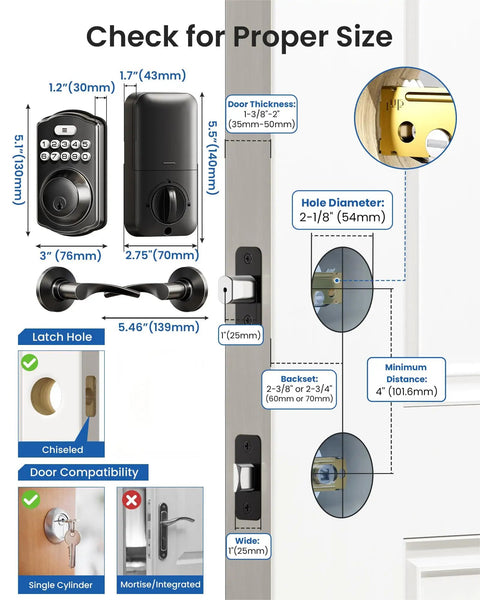 Installation guide for Keyless Front Door Lock With Dual Lever Handles Electronic Keypad Deadbolt, showing measurements and compatibility.