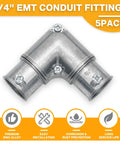 Top Shelf 3/4 Inch EMT Fittings For Zero Stress Job Site Layout Includes Five 90 Degree Inside Corner Pulling Elbows in zinc alloy.