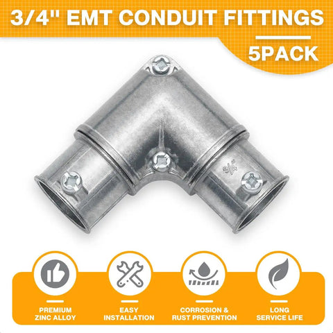 Top Shelf 3/4 Inch EMT Fittings For Zero Stress Job Site Layout Includes Five 90 Degree Inside Corner Pulling Elbows in zinc alloy.