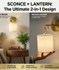Zero Drilling Required, Battery Operated Wall Sconces Set Of Two With Remote, Brushed Gold Wireless Hanging Lamps on table and wall.