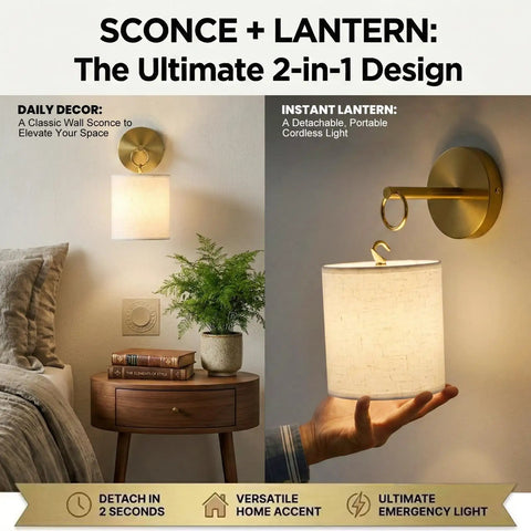 Zero Drilling Required, Battery Operated Wall Sconces Set Of Two With Remote, Brushed Gold Wireless Hanging Lamps on table and wall.