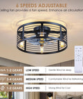 20 Inch Black Caged Ceiling Fan With Light Flush Mount Fandelier With Remote Low Profile Industrial Style For Bedroom Kitchen Dining Room Dope Airflow And Vibe Bulb Not Included, 6 speeds remote control