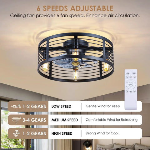20 Inch Black Caged Ceiling Fan With Light Flush Mount Fandelier With Remote Low Profile Industrial Style For Bedroom Kitchen Dining Room Dope Airflow And Vibe Bulb Not Included, 6 speeds remote control