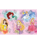 Illustration of princesses with floral and castle motifs on a pink background, resembling fairy tale wall decor for kids' rooms.