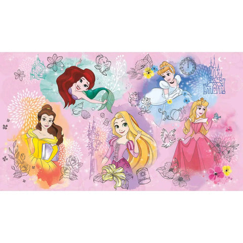 Illustration of princesses with floral and castle motifs on a pink background, resembling fairy tale wall decor for kids' rooms.