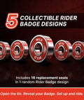 Five collectible skateboard badge designs featuring red rubber seals, including Grid, Rare, Wild, Boss, and Flow.