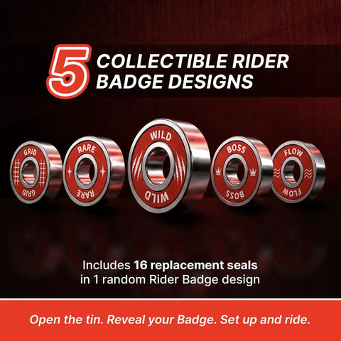 Five collectible skateboard badge designs featuring red rubber seals, including Grid, Rare, Wild, Boss, and Flow.