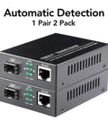 BiDi Gigabit Single-Mode Fiber Ethernet Media Converter Kit With Two SFP LC Transceivers Included, 10 100 1000BaseT To 1000Base SX SMF Up To 30 Kilometers, 1.25 Gbps 1310 Nm Ports, AC DC Power Supply Included, showing dual units with ports and indicators.