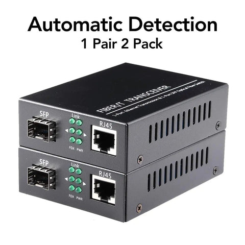BiDi Gigabit Single-Mode Fiber Ethernet Media Converter Kit With Two SFP LC Transceivers Included, 10 100 1000BaseT To 1000Base SX SMF Up To 30 Kilometers, 1.25 Gbps 1310 Nm Ports, AC DC Power Supply Included, showing dual units with ports and indicators.