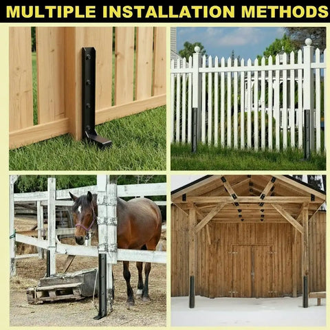 Two Piece Fence Post Repair Kit with Heavy Duty 11 Gauge Steel Anchor Stakes installed on various wood posts