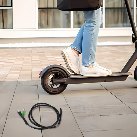 Kugoo Pro Electric Scooter Motor Cable With 5 Wire Hall Sensor Connector lying near scooter on pavement, showing 90cm length.