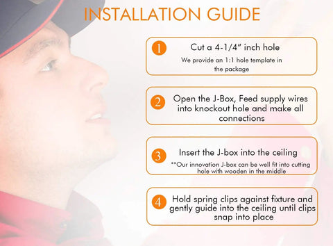 Installation guide for Ultra Thin 4 Inch LED Recessed Downlight Canless With Junction Box, steps 1 to 4, orange text on image.