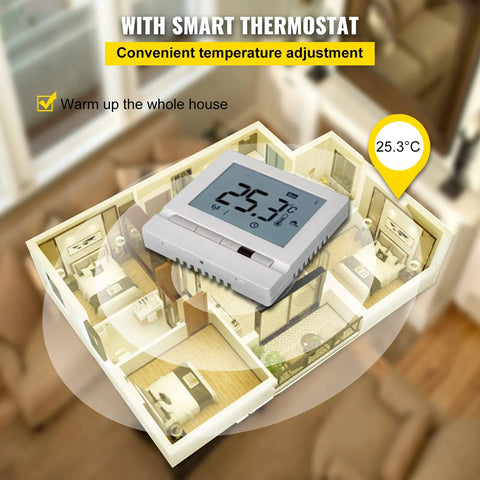 Underfloor Heating Cable Kit For Tile Floors 1630W 240V With Temperature Control Panel displayed with smart thermostat in 3D layout