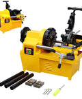 Rugged Industrial 3 In 1 Electric Pipe Threading Tool For Half To Two Inch Pipes With Durable Alloy Steel Cutter Head That Handles Water Gas And Electrical Conduit Jobs Like An Absolute Badass 220V with powerful copper motor and accessories shown.