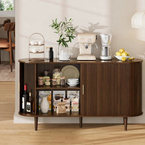 Mid Century Modern Sideboard Buffet Cabinet With Tambour Sliding Doors Fluted Accent Adjustable Shelves Walnut Finish 55 Inch