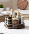 9 Inch Lazy Susan Turntable Organizer For Cabinet And Countertop Round Wood Spinning Shelf holding spices and bottles on kitchen counter
