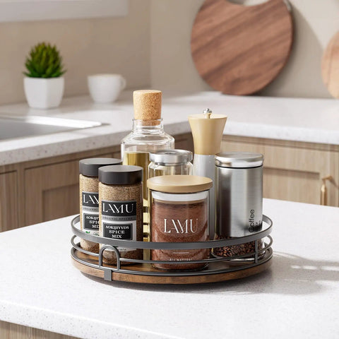 9 Inch Lazy Susan Turntable Organizer For Cabinet And Countertop Round Wood Spinning Shelf holding spices and bottles on kitchen counter