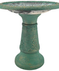Fiberclay Bird Bath Outdoor Garden Decor Green, 20-Inch Tall Weather Resistant Water Bowl For Backyard And Patio, Antique Vintage Look