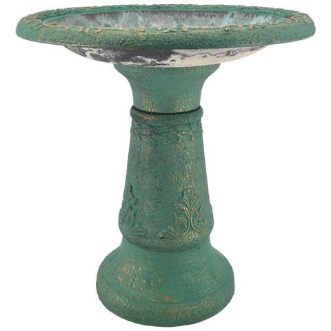 Fiberclay Bird Bath Outdoor Garden Decor Green, 20-Inch Tall Weather Resistant Water Bowl For Backyard And Patio, Antique Vintage Look