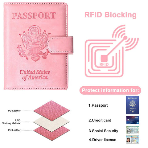 Level Up Your Vacation Vibe With This Sleek RFID Blocking Passport Holder in pink with magnetic closure and layered materials.