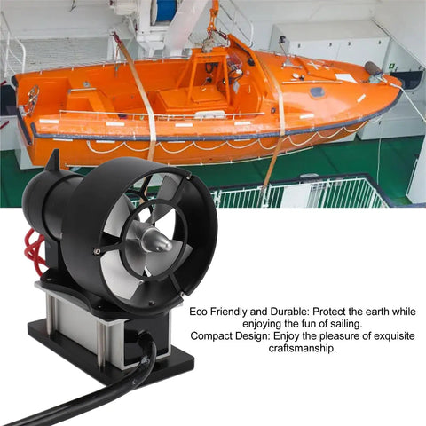 Hard Hitting RC Boat Thruster With 11Kg Thrust, 4 Blade Aluminum Alloy Prop, built-in controller, in front of an orange boat.