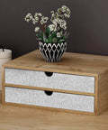 Wooden dresser with Silver Glitter Peel And Stick Wallpaper For Dresser And Desks, plant decor on top