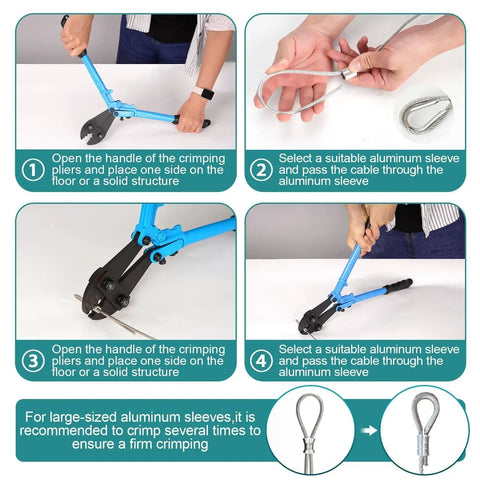 1/8 Inch Stainless Steel Wire Rope Kit With 164 Foot Heavy Duty Cable And Complete Crimping Tool Set in use for DIY cable crimping steps.