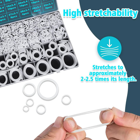 Boxed silicone O-ring set, 1228 pcs, 32 sizes (OD 4–32 mm), white VMQ seals with pick and hook.