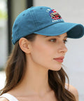 Woman wearing Funny Camping RV Camper Truck Hat For Women - Adjustable Buckle, Vintage Style Photo Prop Cap, side view
