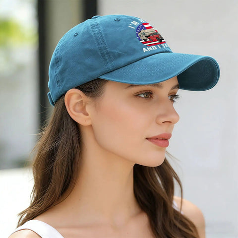 Woman wearing Funny Camping RV Camper Truck Hat For Women - Adjustable Buckle, Vintage Style Photo Prop Cap, side view