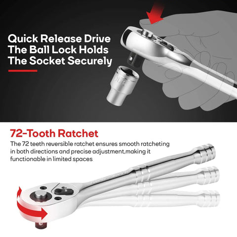 248 Piece Mechanics Tool Set With Sockets And Wrenches, Ultimate Must Have Go To Home And Auto Repair Kit With Durable Storage Case, Chrome Vanadium Forged Tools, Anti Corrosion Finish, Meets New ANSI And ASME Standards, 72-tooth ratchet close-up view