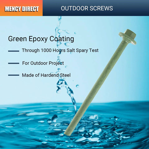 Pack Of 50 14 By 10 Inch Heavy Duty Hex Head Wood Structural Screws In Rust Resistant Black Finish With Integrated Hex Socket Driver Bit For Tough Timber Decking And Outdoor Framing Projects Offering Badass Durability And Zero Hassle, shown in green epoxy coating with water splashes.