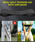 Golf Grip Trainer And Swing Training Aid For Warm Up And Tempo Control with arm band shown in use for correct posture