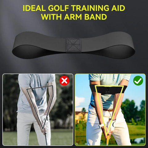 Golf Grip Trainer And Swing Training Aid For Warm Up And Tempo Control with arm band shown in use for correct posture