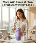 Portable Breast Milk Cooler With 24 Hour Surround Cooling Tech featuring purple design, woman filling with milk at office desk.