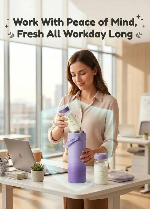 Portable Breast Milk Cooler With 24 Hour Surround Cooling Tech featuring purple design, woman filling with milk at office desk.
