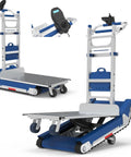 Heavy Duty Electric Stair Climbing Hand Truck With Dual Motors And Smart Load Balancing Board Handles 925 Pounds Of Weight, showcasing a portable dolly with remote.