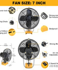 Diagram of Dewalt 20V Battery Compatible Portable Jobsite Fan 7 Inch Cordless with features labeled and two speed settings.