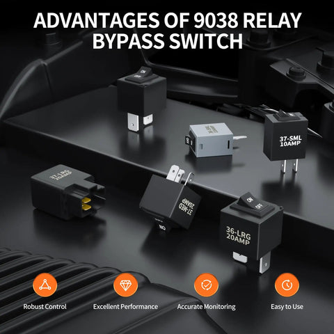 Go To Relay Bypass Switch And Tester Kit 9038 9036 9037 Replacements For Domestic GM BMW Audi Chrysler displayed on a car engine