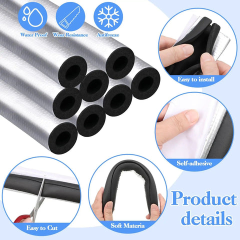 8 Pcs Self Adhering Pipe Insulation Foam Tubes For Winter Weather Keeps Outdoor Pipes Warm And Easy To Wrap For Irrigation Lines Spigots Water Heaters Each 1.3 Ft Long 0.6 Inch Diameter shown in detail with self-adhesive and easy-to-cut features.